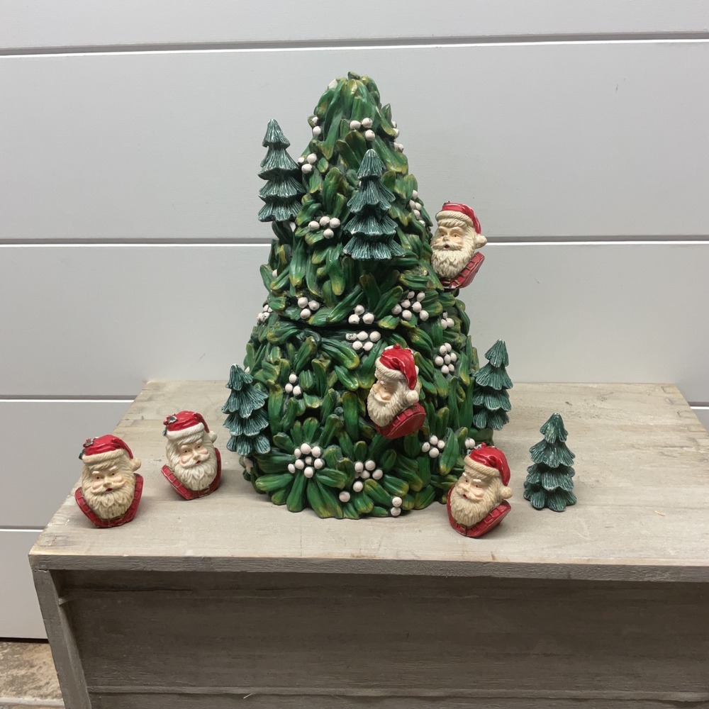 Ceramic Mistletoe Christmas Tree Set with Santa Busts and Mini Trees 11pc